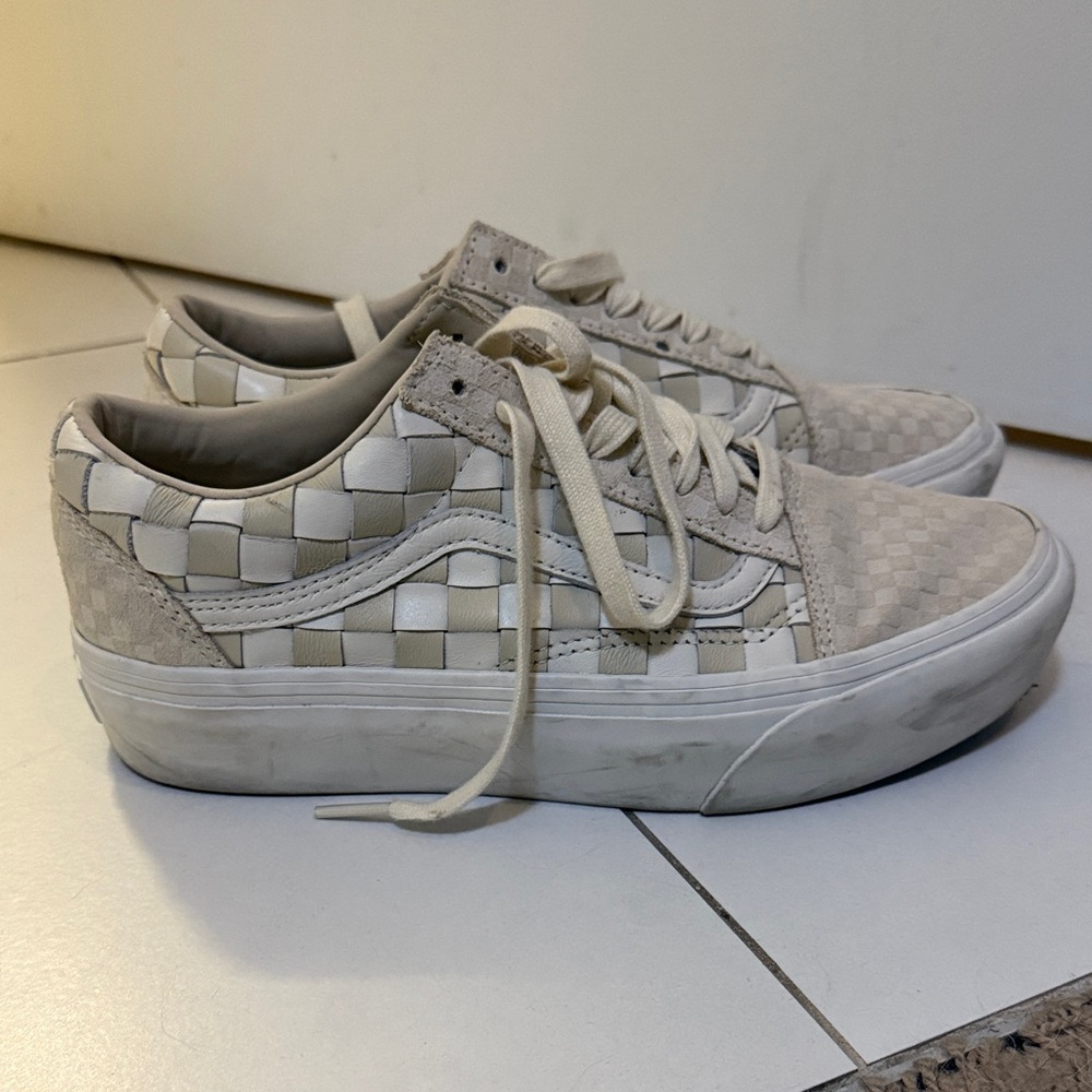 Vans White and Cream Checkered Sneakers